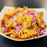 Texas Beer Chili Cheese Fries · A cup of our hearty Texas beer chili on top of beer battered side winder fries. Topped with ...