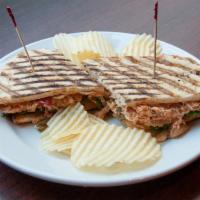 P5. Chicken Fajita Panini · Grilled chicken, roasted peppers, grilled onion, cheddar cheese, jalapeno, lettuce, tomatoes...