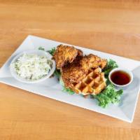 Fried Chicken and Waffle · Buttermilk fried chicken, bavarian waffles, coleslaw and maple syrup