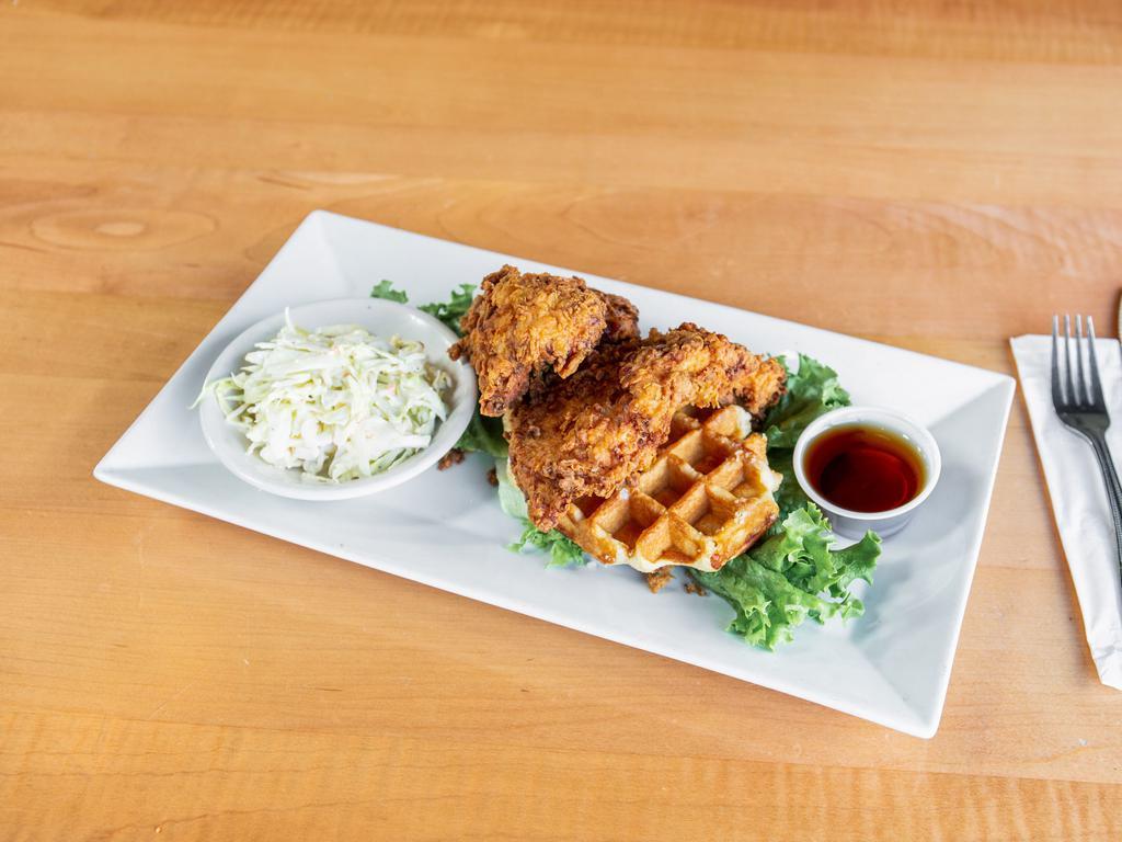 Fried Chicken and Waffle · Buttermilk fried chicken, bavarian waffles, coleslaw and maple syrup