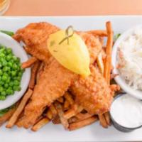 Fish N Chips · IPA beer battered white fish served with hand-cut fries, green peas and cole slaw.
