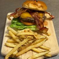 Bacon Cheddar Burger · Sharp cheddar, bacon, lettuce, tomato. Side of fries 