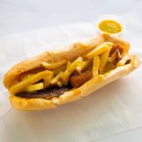 12. Cat Mclean · Burger, chicken fingers, mozzarella sticks, french fries, cheese sauce, honey mustard.