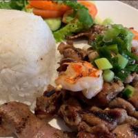  Steam Rice with BBQ Pork and Shrimp · Steam rice, char grilled skewers of shrimp, pork, vegetables.