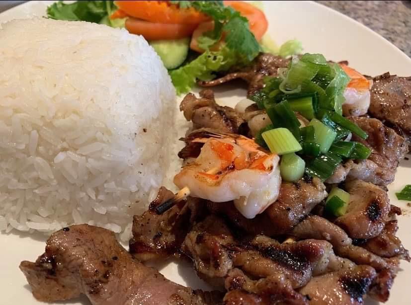  Steam Rice with BBQ Pork and Shrimp · Steam rice, char grilled skewers of shrimp, pork, vegetables.