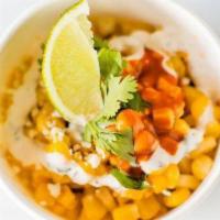 PIER St. Corn · Elote Style Corn off the cobb, cotija Mexican cheese grated, cilantro, ancho and valentina s...