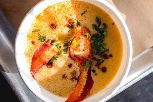 Lobster Bisque · Classic bisque, smoked bacon, chives, lobster chunks garnish.