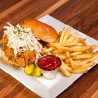Screaming Eagle Chicken Sandwich · Buttermilk fried crispy chicken sandwich with dill pickle and cabbage slaw.