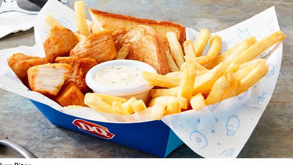 Rotisserie-style Chicken Bites Basket · DQ’s new 100% white meat, juicy, tender, rotisserie-style chicken bites, served with fries, Texas toast and house-made Hidden Valley Ranch dipping sauce.