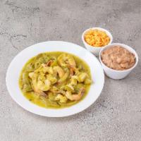 Camarones del Monte Verde · Sauteed shrimps in green tomatillo sauce, onions, and green peppers. Served with Mexican ric...