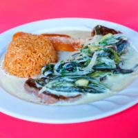 Bistec Tampiqueño · Grilled shell steak, topped with sauteed poblano peppers, onions in white creamy sauce, and ...