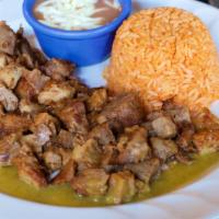 Pork Carnitas · Slow cooked pork,  with a side of pico de gallo and guacamole. Served with rice, beans, and ...