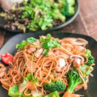 Stir Fry Noodles · Stir-fried rice noodles with egg, tofu, bean sprouts, crushed peanuts, lime, and with your c...