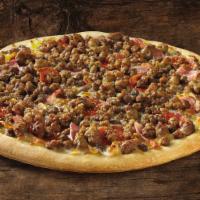 Meat Market Pizza · Smoked provolone cheese, pepperoni, mild sausage, ground beef, Canadian bacon and spicy Ital...