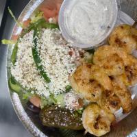 Shrimp Souvlaki Platter · One skewer of 6 pieces grilled shrimp seasoned with Greek herbs