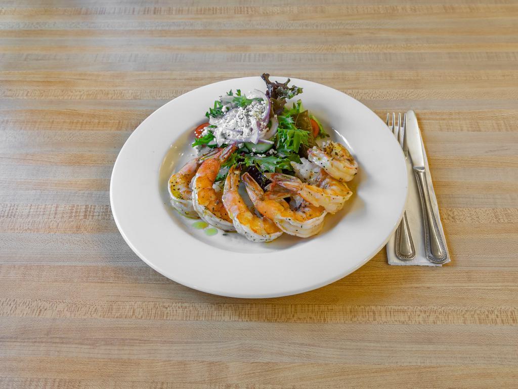 Grilled  Jumbo Shrimps · 6 pieces. With ladolemono lemon and oil served with a side salad.