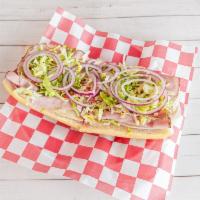 Italian Hoagie · Peppers ham, capriole, Genoa salami, provolone cheese, lettuce, tomato and red onions.