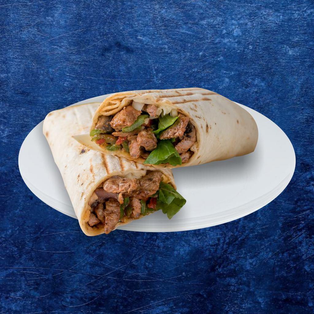 Shredded Gyro Wrap · Tender beef and lamb chopped and grilled, wrapped in pita bread with lettuce, tomato, cucumber, pickles, and feta cheese. Served with signature red and white sauces.