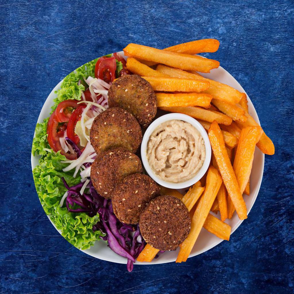 Falafel Frenzy Plate · Healthy. Fried veggie balls made fresh to order over spiced basmati rice and side salad. Served with signature red and white sauces.