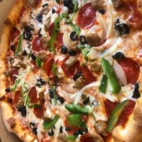 House Specialty Pizza · Sausage, green peppers, onions, pepperoni, mushrooms and black olives.