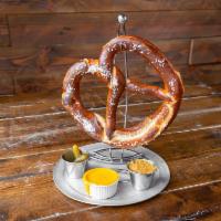 Jumbo German Pretzel · Served with ground Barvian mustard, sweet pickles and beer cheese. 