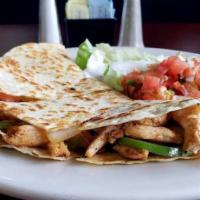 Single Chicken Fajita · Sauteed with bell peppers, onions, and tomatoes on a sizzling plate. Served with rice, beans...