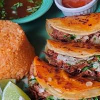 Birria Tacos Plato · 3 Birria Tacos, filled with birria, cheese, onions and cilantro with side of rice, charro be...