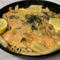Chicken Francese · Fresh chicken breast, served in lemon wine sauce and butter. Served with salad and garlic kn...