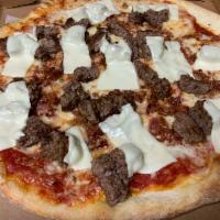 Bacon Cheeseburger Pizza · Tomato sauce, garlic, basil and fresh mozzarella.