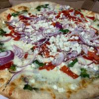 Greek Pizza · Spinach, feta cheese, roasted pepper and red onion.