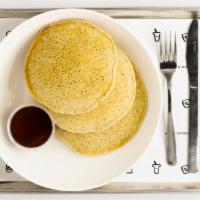 Whole Wheat Pancake · Pancakes are made with whole wheat flour. All vegan. Served with syrup.