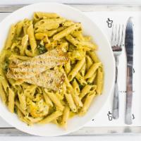 Vegan Chicken with Green Alfredo Pasta · Vegan chicken, baby spinach, and scallions with green Alfredo sauce. Served with whole wheat...