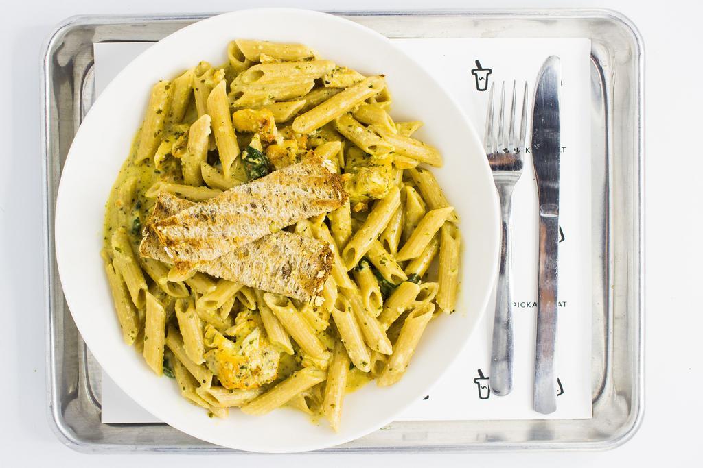 Vegan Chicken with Green Alfredo Pasta · Vegan chicken, baby spinach, and scallions with green Alfredo sauce. Served with whole wheat Penne, natural ingredients and all vegan sauces.