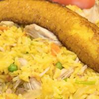 Arroz con Pollo · Chicken fried rice with sweet fried plantain.