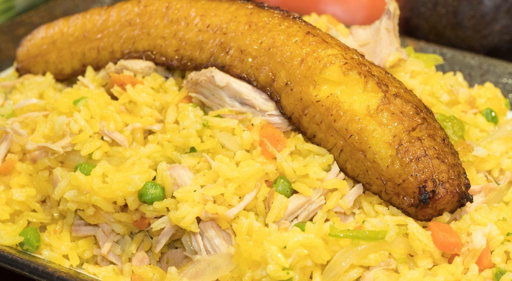 Arroz con Pollo · Chicken fried rice with sweet fried plantain.
