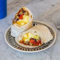 Vegetarian Breakfast Burrito · Flour tortilla, scrambled free range eggs, potatoes, black beans, roasted red peppers, chipo...