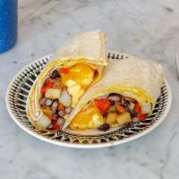 Bacon Breakfast Burrito · Flour tortilla, scrambled free range eggs, applewood smoked bacon, roasted red potatoes, cum...