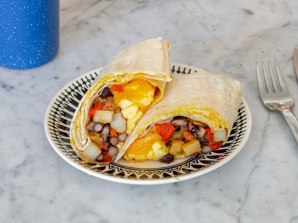 Bacon Breakfast Burrito · Flour tortilla, scrambled free range eggs, applewood smoked bacon, roasted red potatoes, cumin black beans, roasted red peppers, chipotle adobo sauce, cheddar cheese.