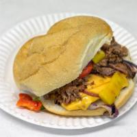 Philly Cheesesteak on a roll  · Roast Beef, American Cheese, Peppers & Onions 