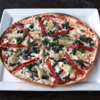 The Vegetarian Pizza · House marinara sauce, broccoli rabe, artichoke hearts, piquillo peppers, mushroom medley and...