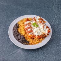 23. Enchiladas Suizas · Served with rice and refried beans. Three pieces, rolled corn tortilla filled with chicken o...