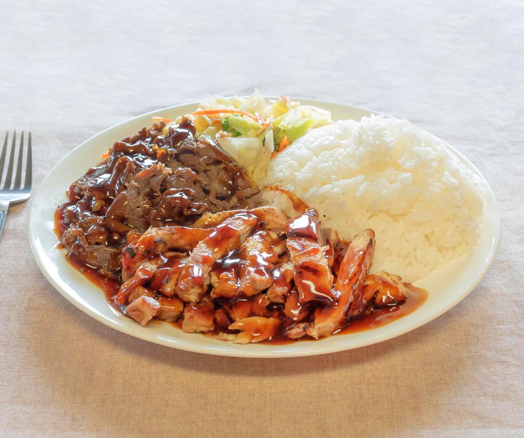 Beef and Chicken Teriyaki Plate · Includes stir-fried fresh vegetables (cabbage, carrot and broccoli), house teriyaki sauce and medium-grain steamed white rice.