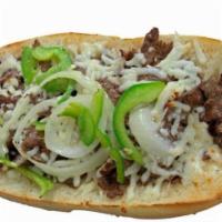 Philly Cheese Steak Sub · Steak, onions, green peppers and cheese. Baked with cheese. 