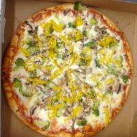 Super Veggie Pizza · Fresh mushrooms, onions, garlic, green peppers, tomatoes, fresh spinach, broccoli, mozzarell...