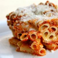 Baked Ziti with Chicken Parmesan · Penne baked with ricotta cheese, marinara sauce, and topped with mozzarella cheese.