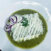 Enchiladas Verde · Green sauce. Served with rice, and beans.