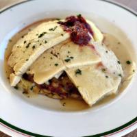 Turkey Dinner Sandwich · Slow Roasted Turkey Breast, Served Open Faced on Stuffing Bread with Fresh Cranberry Sauce, ...