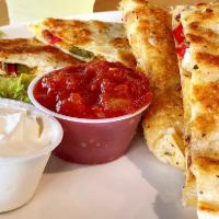 Famous Quesadillas · Grilled chicken, cheddar cheese, peppers, onions, bacon, salsa, and sour cream on the side. ...