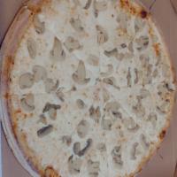 Mushroom pie · A handcrafted pizza pie with mushroom slices sprinkled on top.