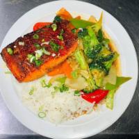 66. Grill Salmon · Served with choice of fried rice or mix vegetables.